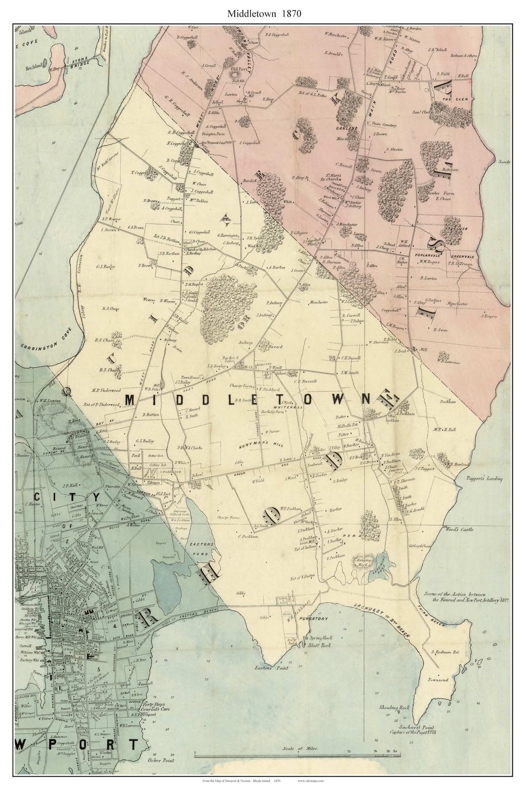 Middletown 1870 Old Town Map With Homeowner Names Rhode Island ...