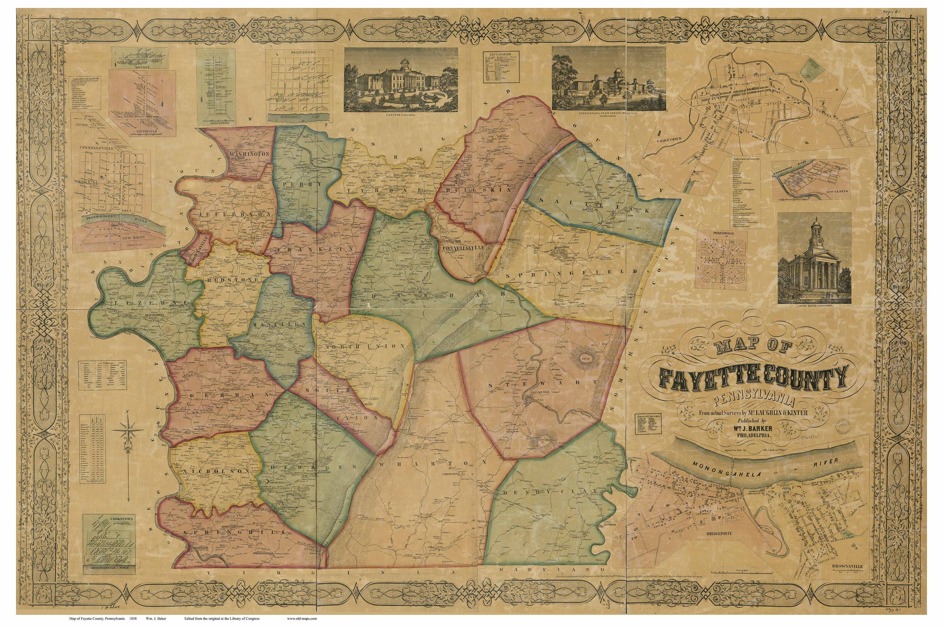 Fayette County Pennsylvania 1858 Old Wall Map with Homeowner Etsy