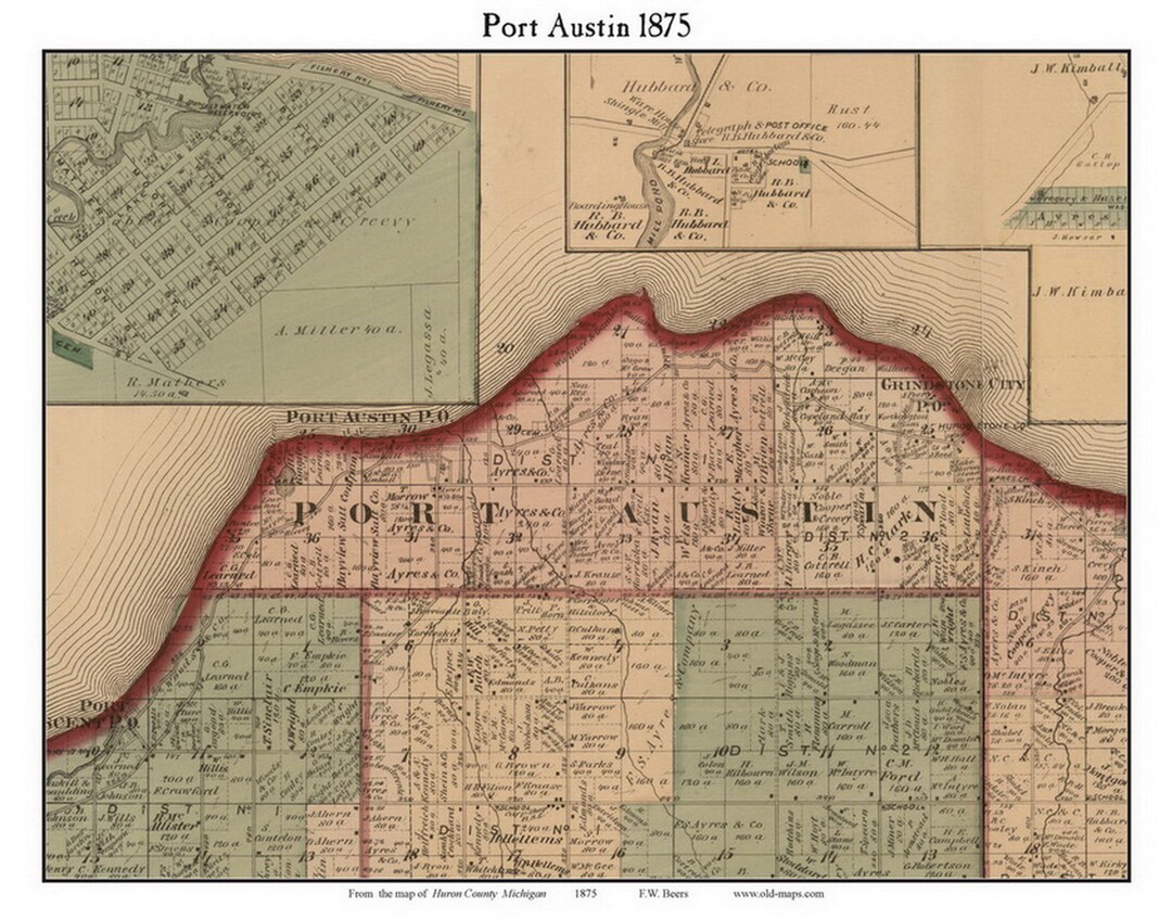 Port Austin 1875 Old Town Map With Homeowner Names Grindstone City Michigan Reprint Genealogy