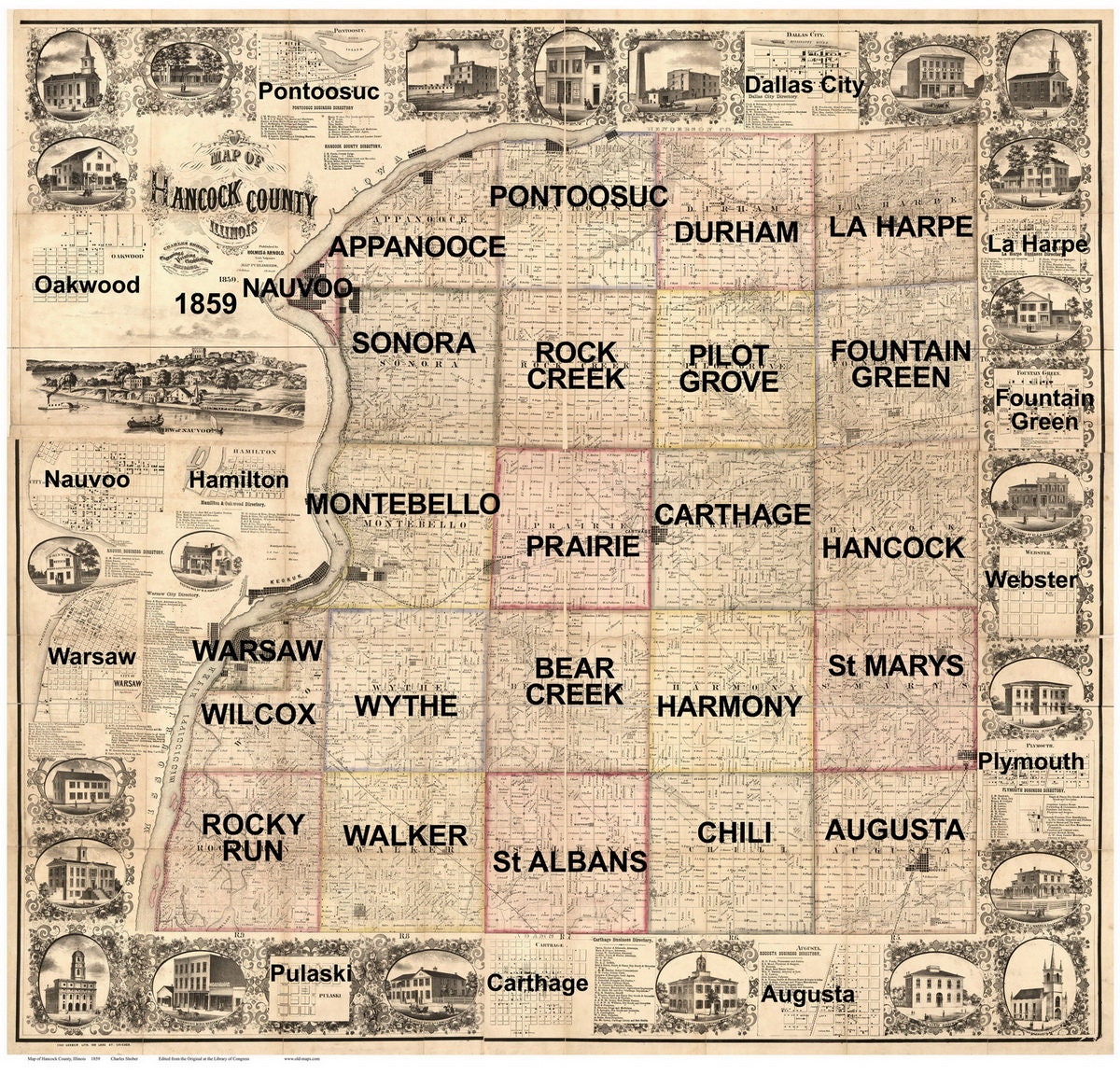 Hancock County Illinois 1859 Old Wall Map Reprint with Etsy
