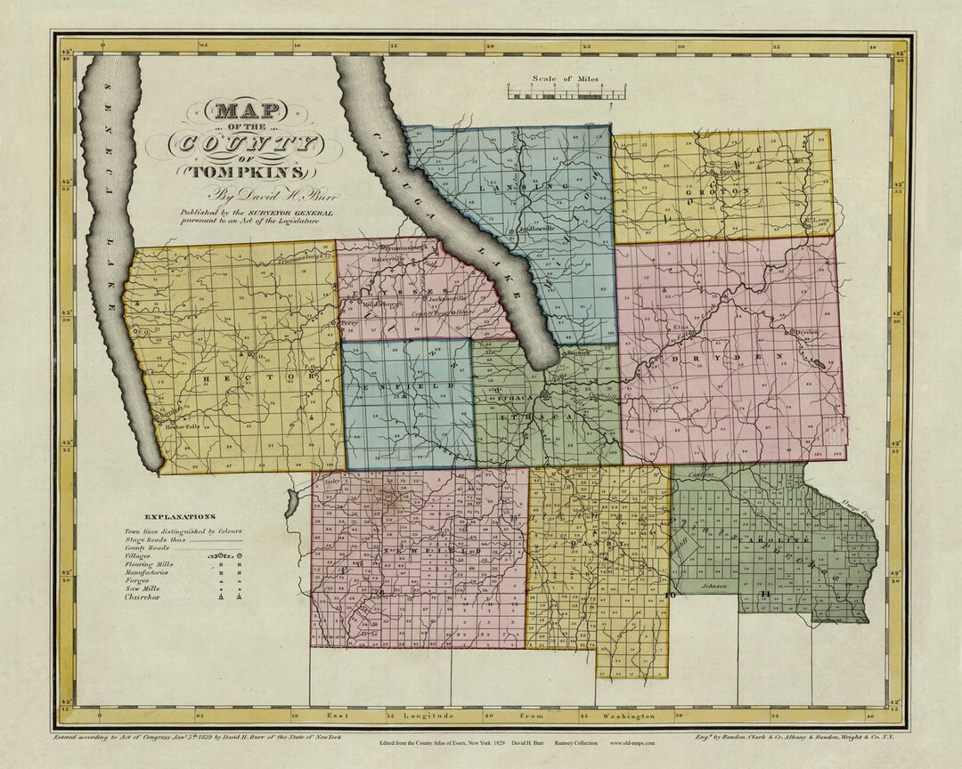 Tompkins County 1829 Lot Lines Ithaca Hector Seneca Cayuga Lake Old Map