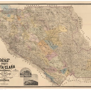 May include: An antique map of Santa Clara County, California, showing the county's townships and roads. The map is printed in black and white with colored accents. The map is titled "Official Map County Santa Clara California" and includes a key and a legend.