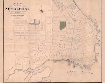 May include: A vintage map of New Bern, North Carolina, dated 1873. The map shows the city's streets, blocks, and waterways, including Lawson's Creek and the Trent River. The map is printed in black ink on cream-coloured paper.