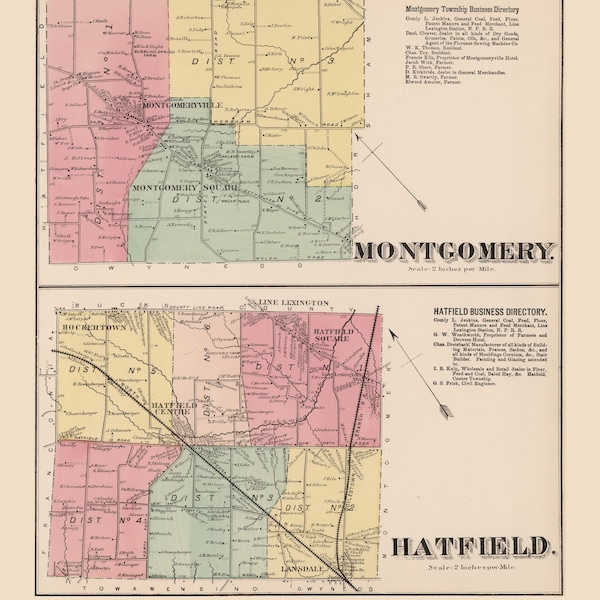 Montgomery & Hatfield 1871 Old Town Map  Homeowner Names Pennsylvania Genealogy Reprint-Montgomery County PA TM Atlas