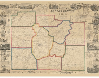 Greene County Ohio  1855 - Old Wall Map Reprint with Homeowner Names - Farm Lines