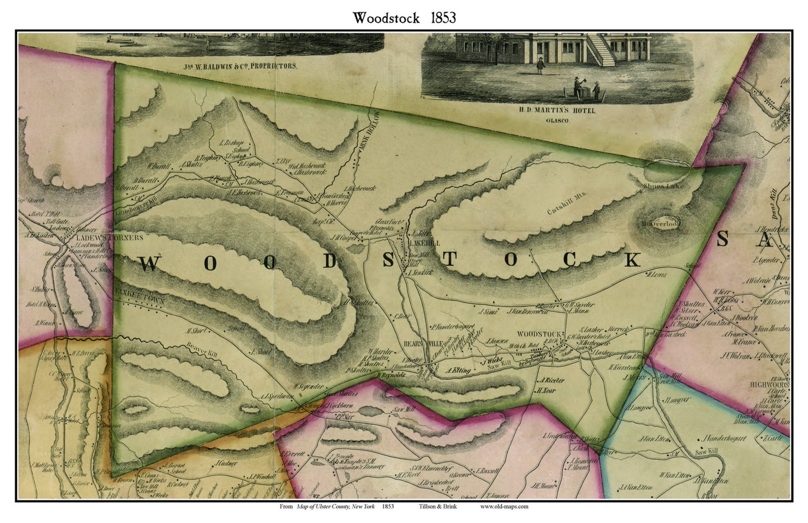 Woodstock 1853 Old Town Map with Homeowner Names New York Reprint