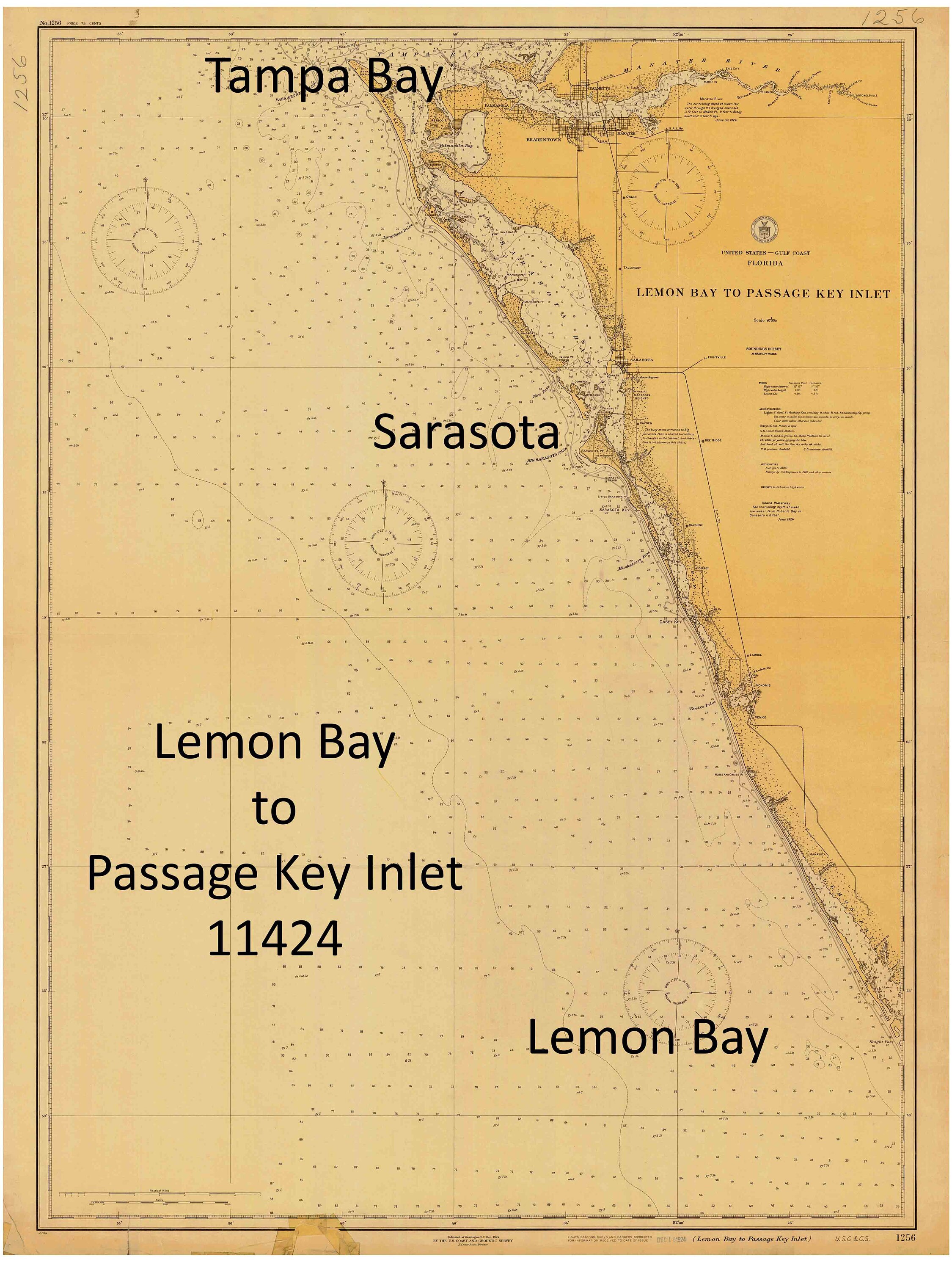 Lemon Bay to Passage Key Inlet 1930 Nautical Map Sarasota Venice Anna ...