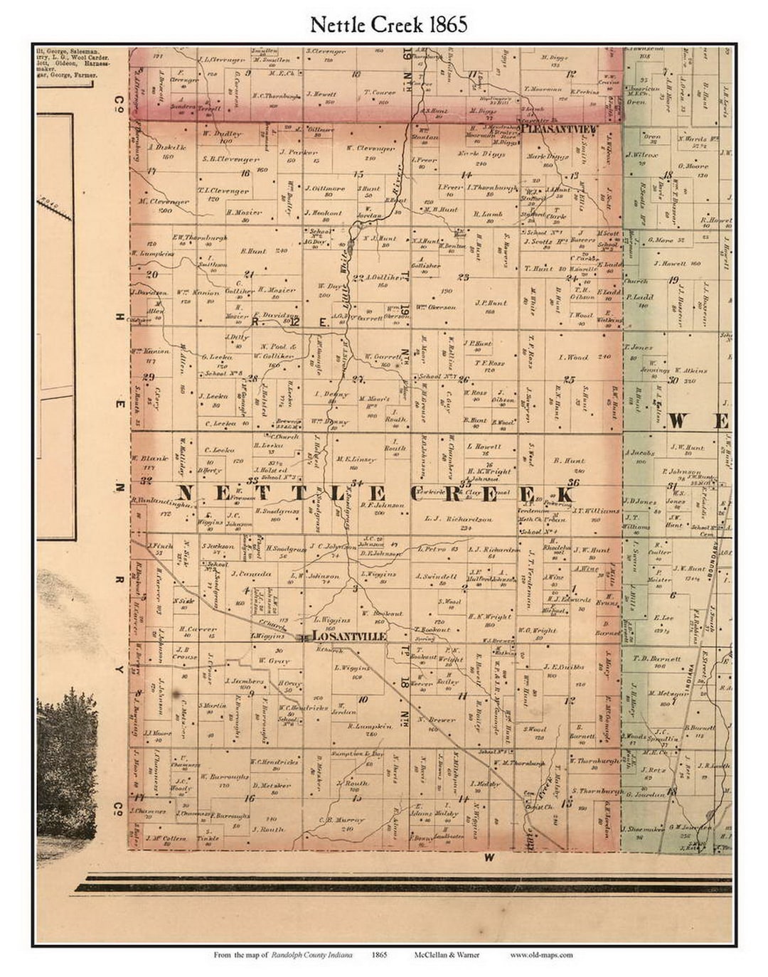 Nettle Creek 1865 Old Town Map With Homeowner Names Indiana Losantville