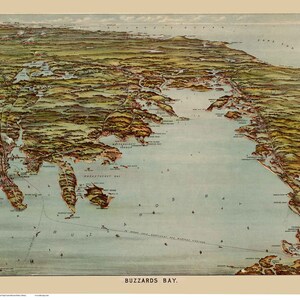 May include: A vintage map of Buzzards Bay, Massachusetts, with detailed illustrations of the coastline, islands, and surrounding areas. The map is printed in shades of blue, green, and brown, with text labels indicating various locations and features.