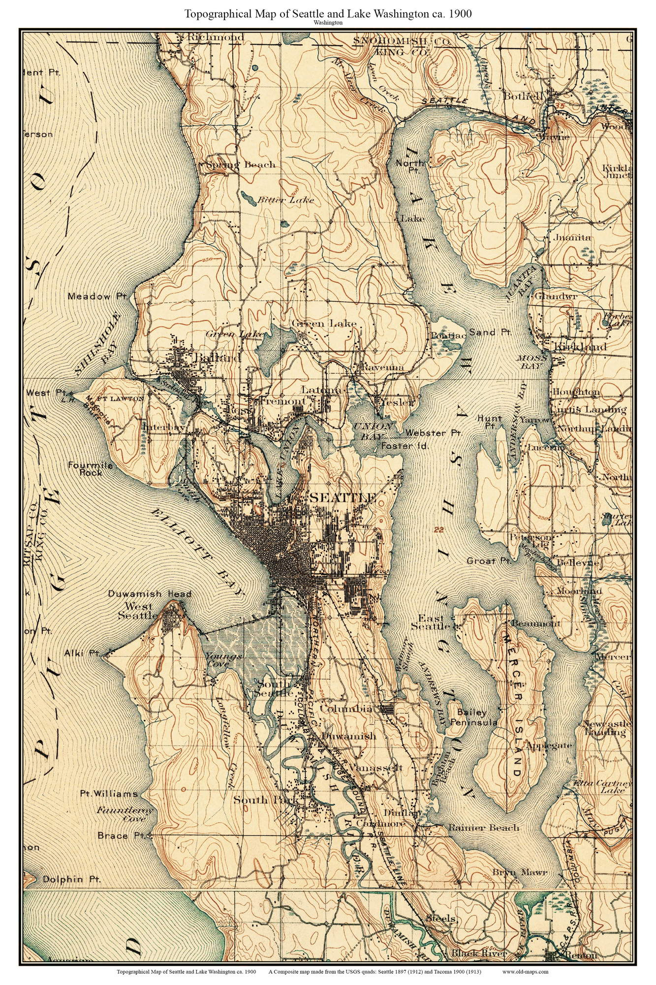 Old Topo Maps Nz Seattle 1900 Lake Washington Usgs Old Topographic Map | Etsy New Zealand