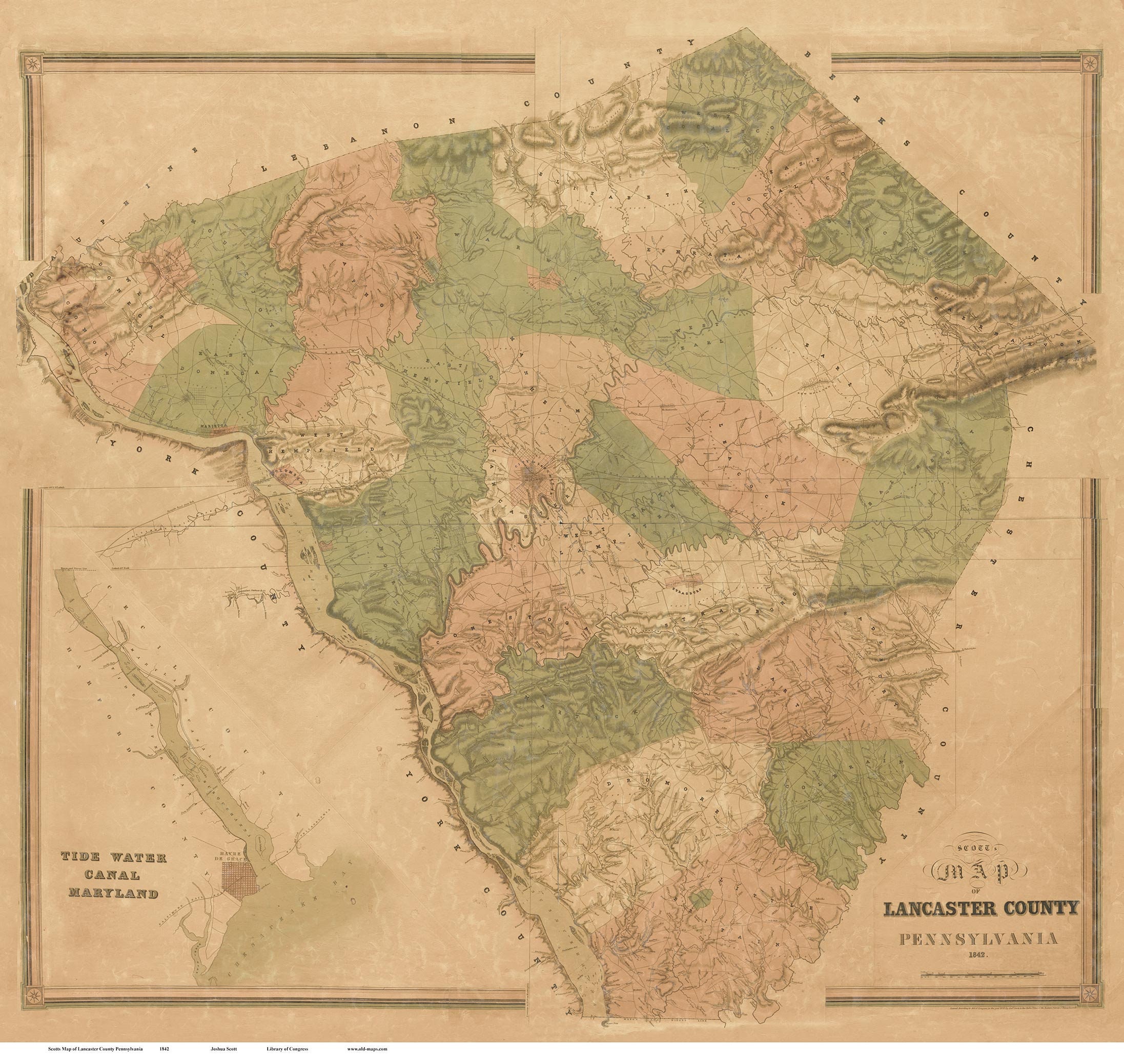 Lancaster County Pennsylvania 1842 - Old Wall Map with Homeowner Names - Genealogy - Reprint
