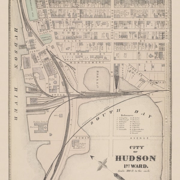 Hudson City 1st Ward 1873  Old Map Homeowner names Reprint Columbia Co Beers Atlas New York