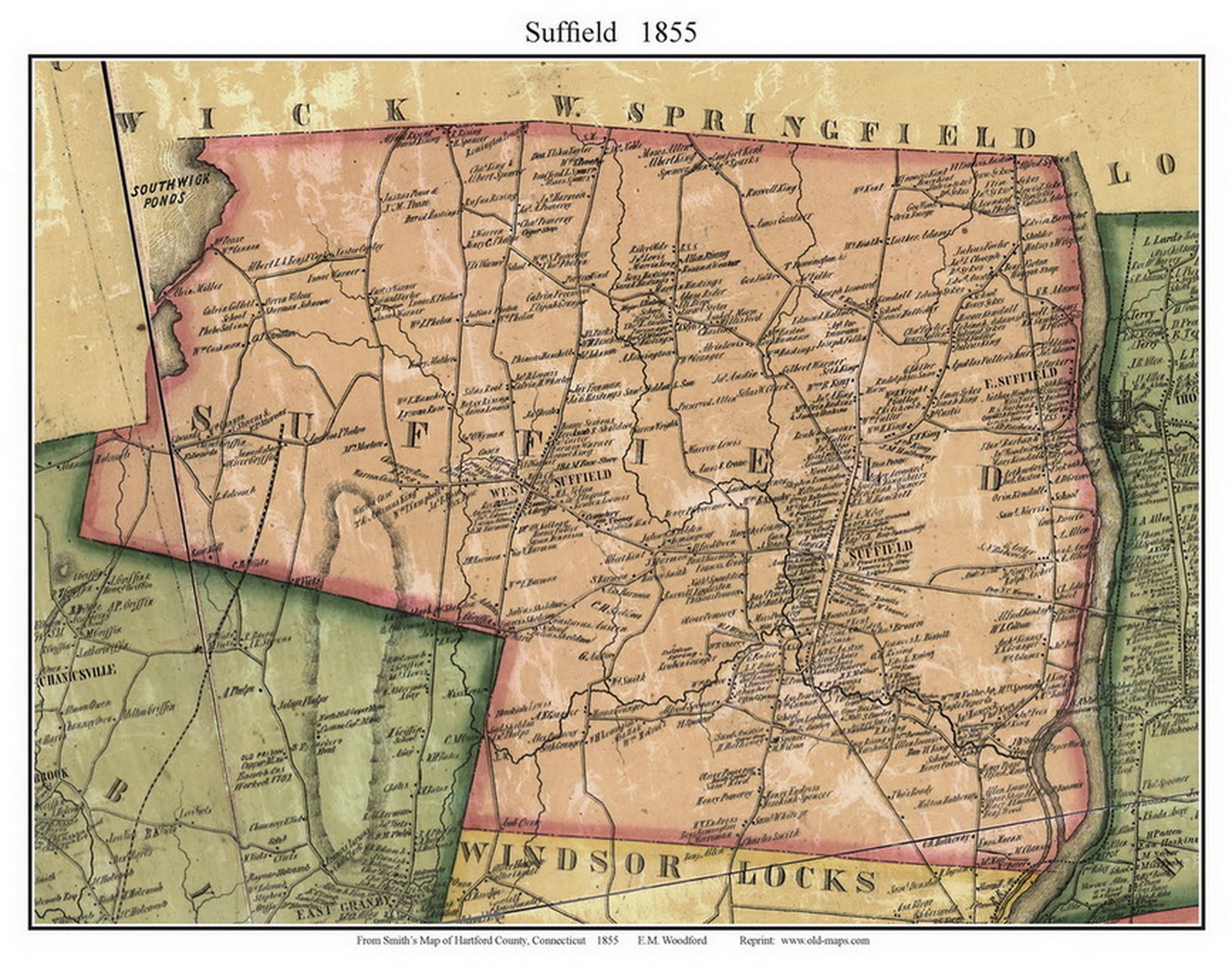 Suffield 1855 Old Town Map With Homeowner Names Connecticut picture picture