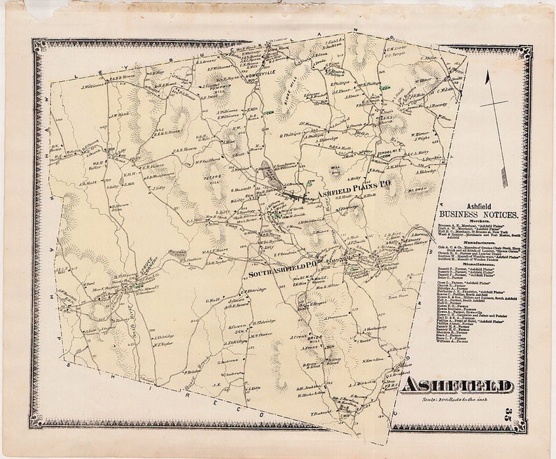 Ashfield Massachusetts 1871 Map original from Beers Atlas in good shape B25 OMH