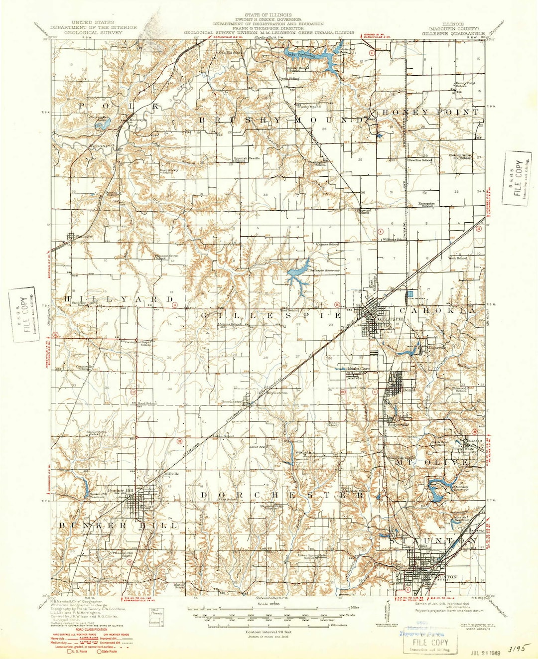 Gillespie 1915 1949 Old Topo Map Bunker Hill Staunton Lake Carlinville