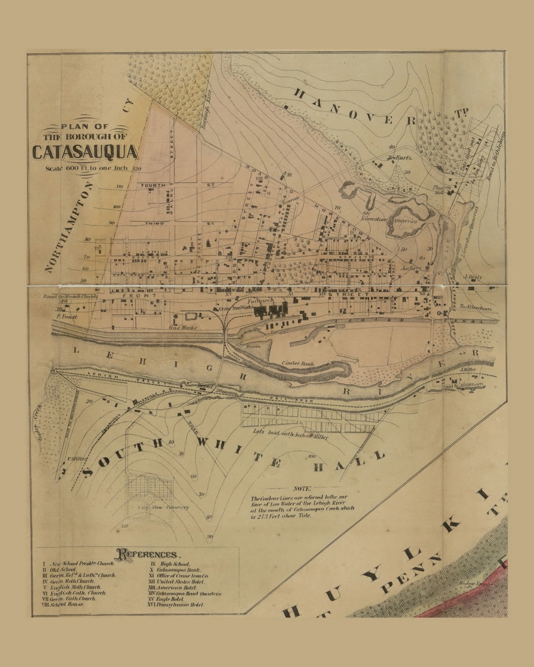 Catasauqua Village 1865 Old Town Map With Homeowner Names Hanover