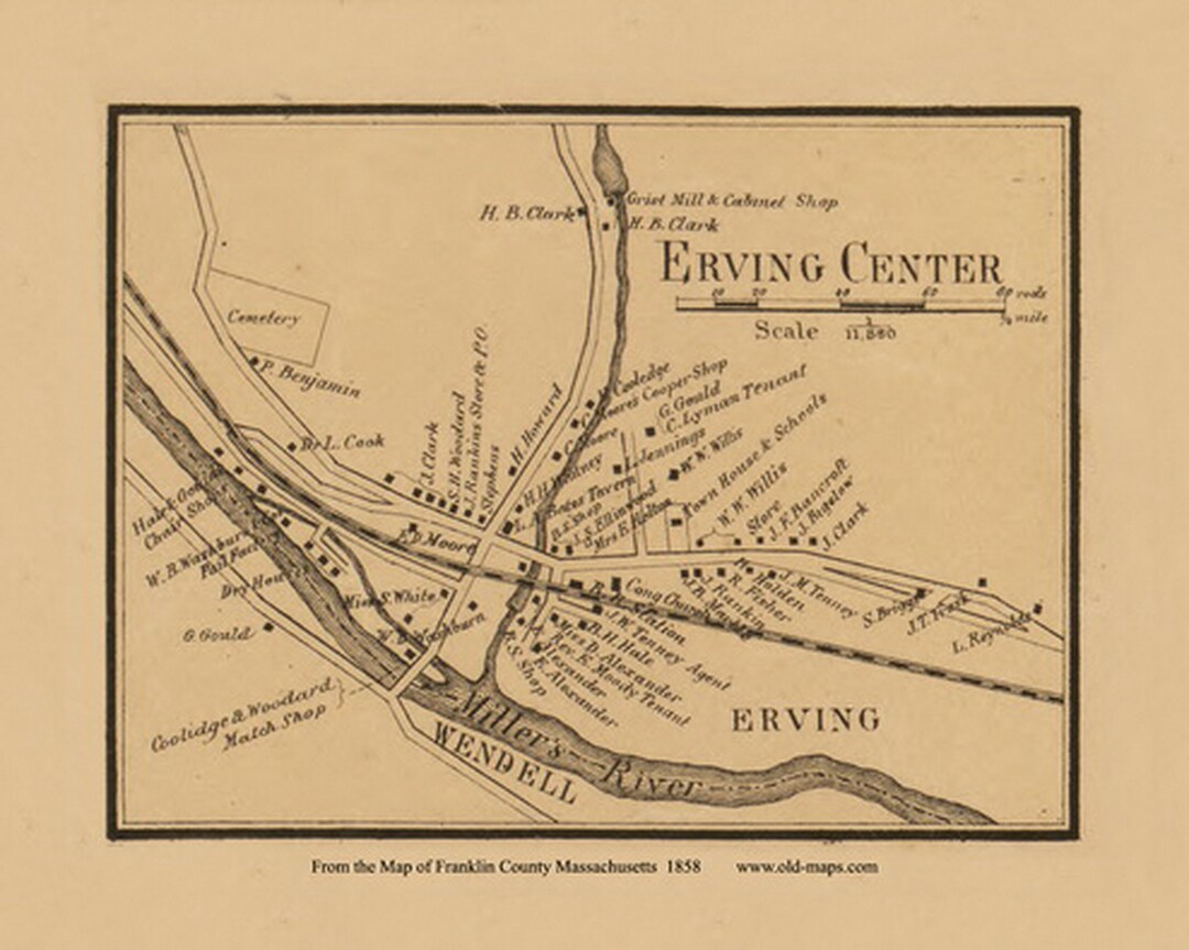 Erving Center 1858 Old Town Map With Homeowner Names massachusetts