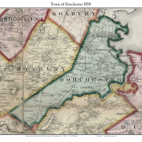 Dorchester, Massachusetts 1858 Old Town Map with Homeowner Names Neponset Harrison Square Meeting House Hill - Reprint Norfolk County MA TM