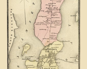 Jamestown Rhode Island 1870 Old Town Map Custom Reprint with Homeowner Names - Genealogy RI TM