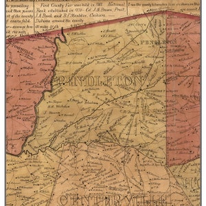 May include: An antique map of Anderson County, South Carolina, from 1877. The map is printed in brown ink on a cream-colored paper. The map shows the county's towns, rivers, and roads. The map is titled "Pendleton 1877" and includes the names of several individuals who contributed to the map's creation.