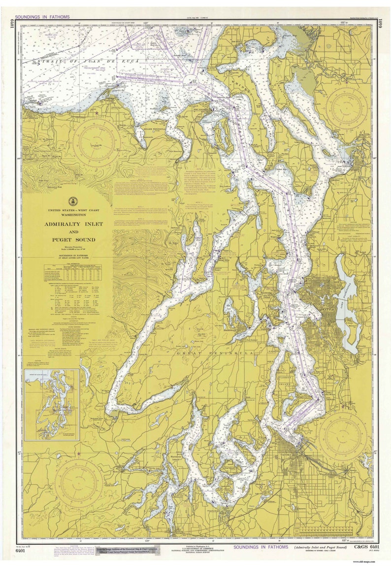 Puget Sound 1972 Nautical Map Washington PC Big Area 6401 Etsy