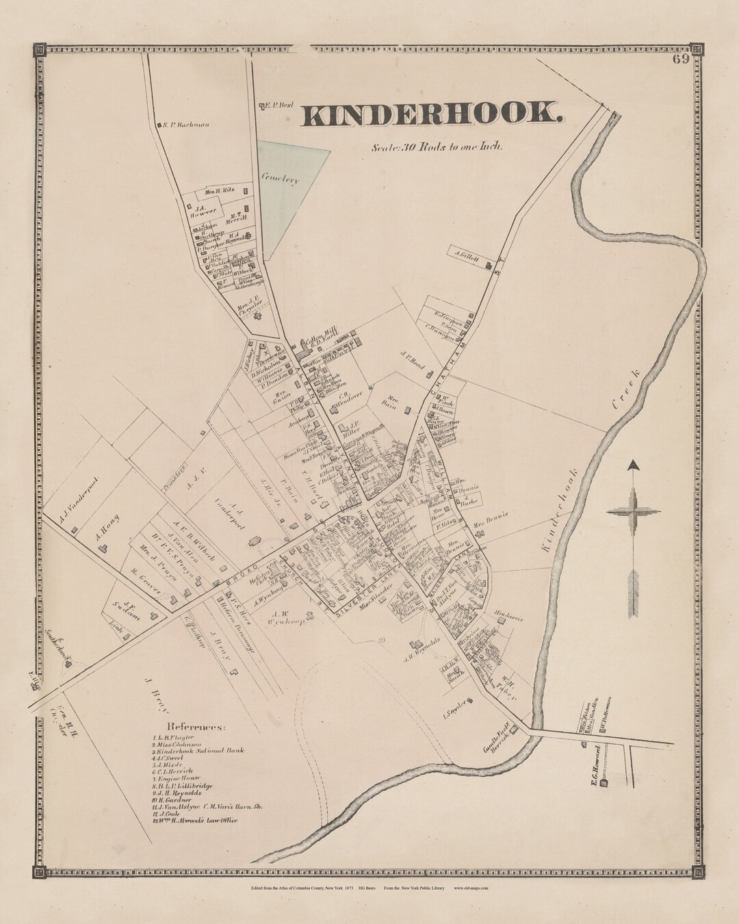 Kinderhook Village 1873 Old Map Homeowner Names Reprint Columbia Co