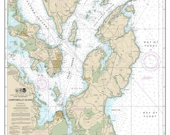 May include: A nautical chart of Campobello Island, New Brunswick, Canada, showing the surrounding waters and islands. The chart includes depth soundings, navigational aids, and other important information for mariners. The chart is printed in black and white with blue and red accents.