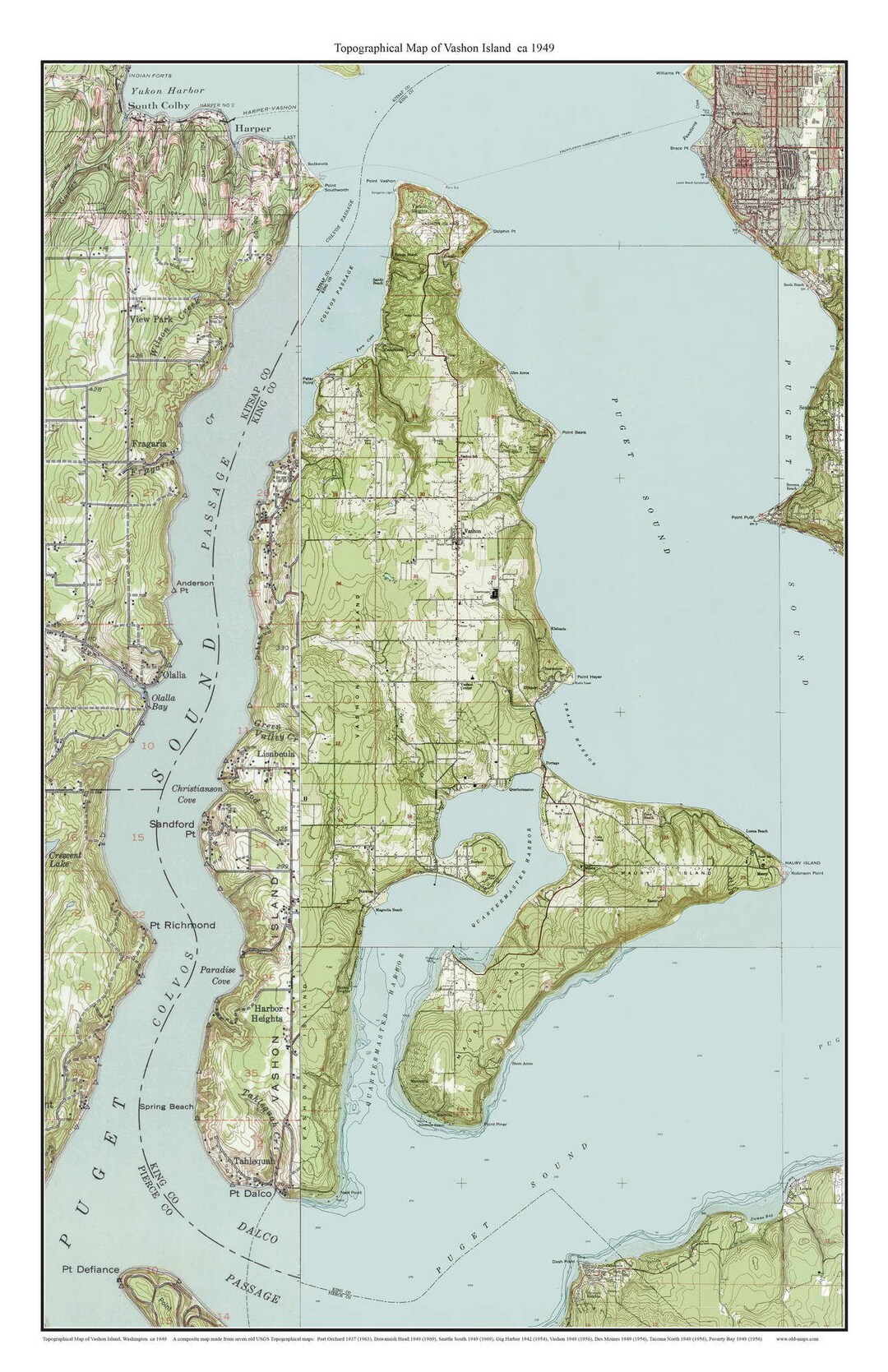 Vashon Island Ca. 1949 USGS Old Topographic Map Custom Composite