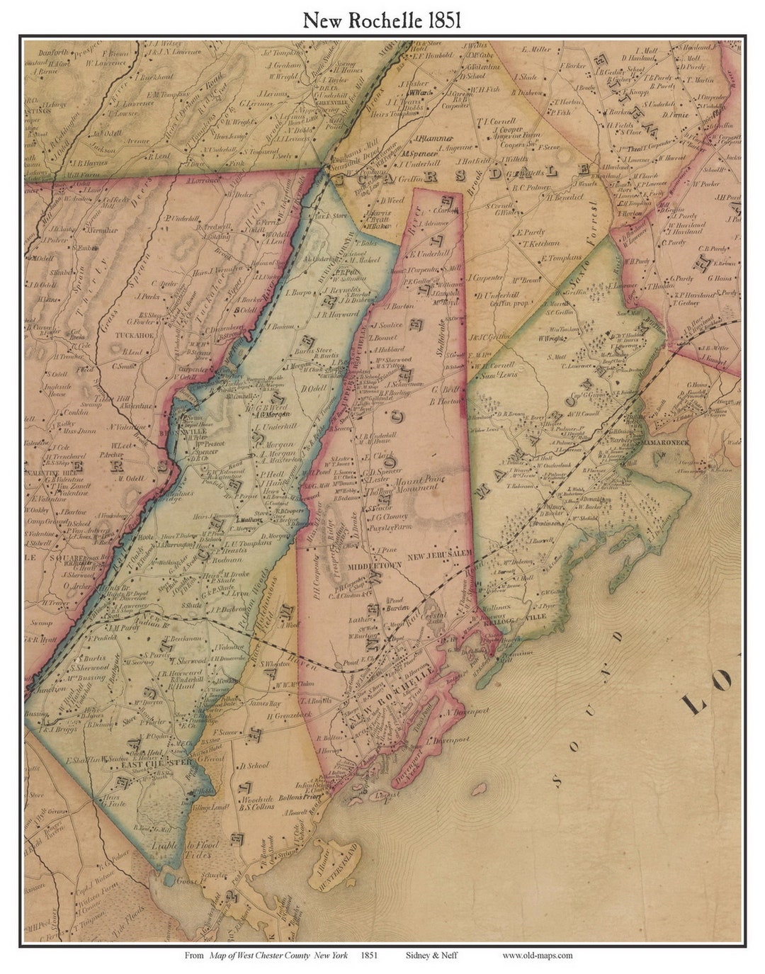 New Rochelle 1851 Old Town Map - With Homeowner Names New York Reprint ...