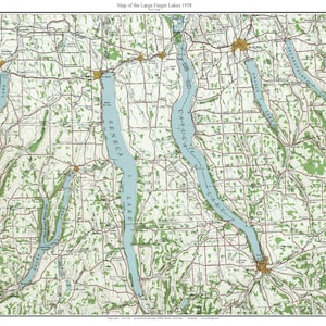 May include: A vintage map of the Finger Lakes region of New York State, showing the locations of the major lakes, including Cayuga Lake, Seneca Lake, and Ontario Lake. The map is dated 1958 and includes a grid of roads and towns.