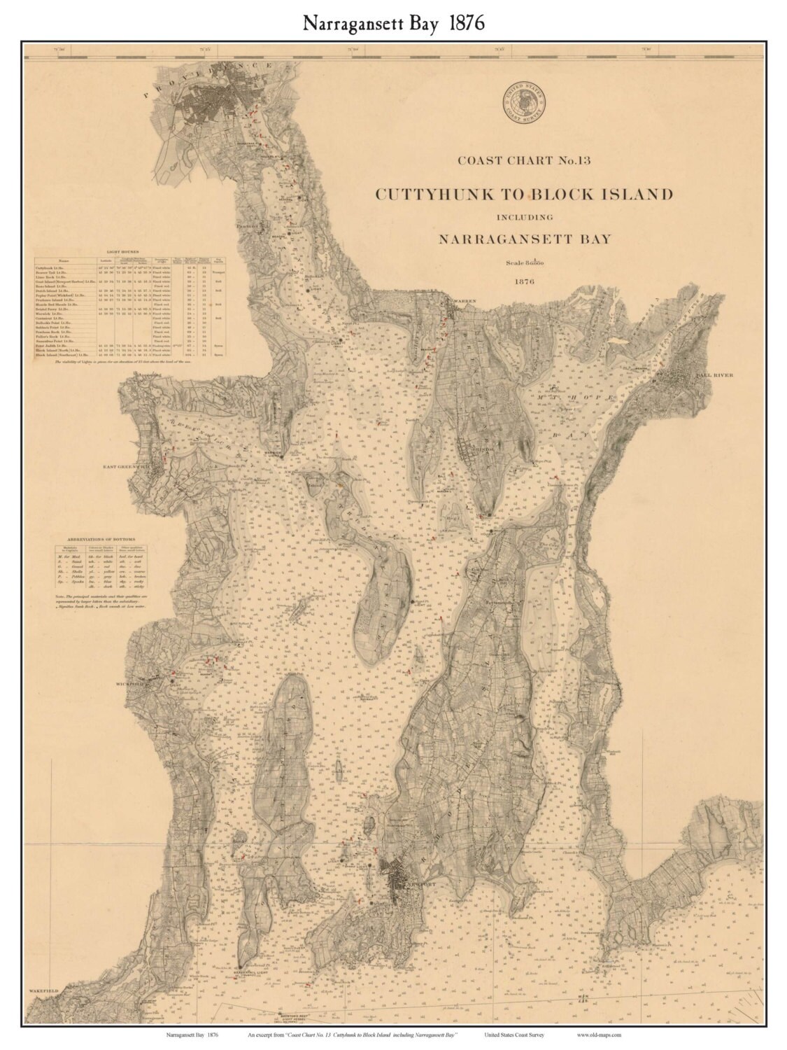 Narragansett Bay - 1876 Nautical Map - Custom  Reprint - RI Town/Bay Specials