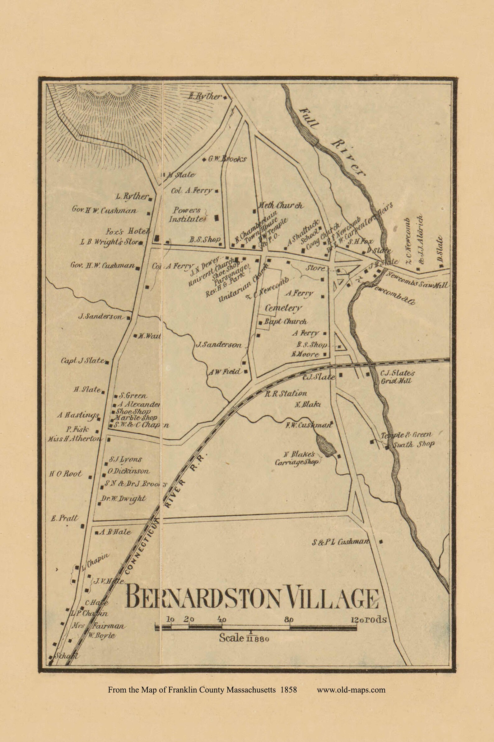 Bernardston Village 1858 Old Town Map With Homeowner Names Etsy