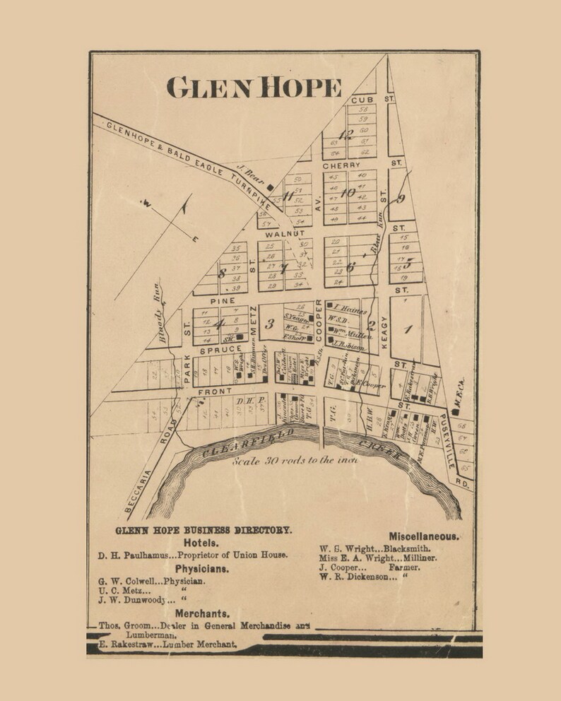 Glen Hope Village 1866 Old Town Map With Homeowner Names Etsy
