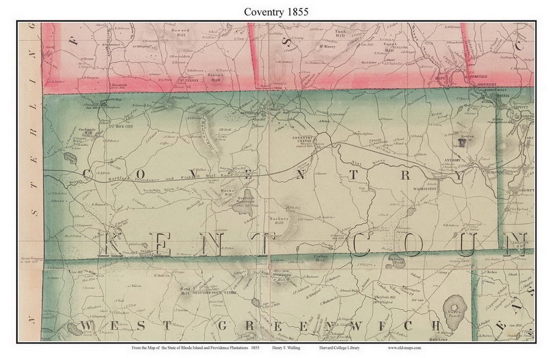 Coventry 1855 Old Town Map With Homeowner Names Rhode Island Reprint