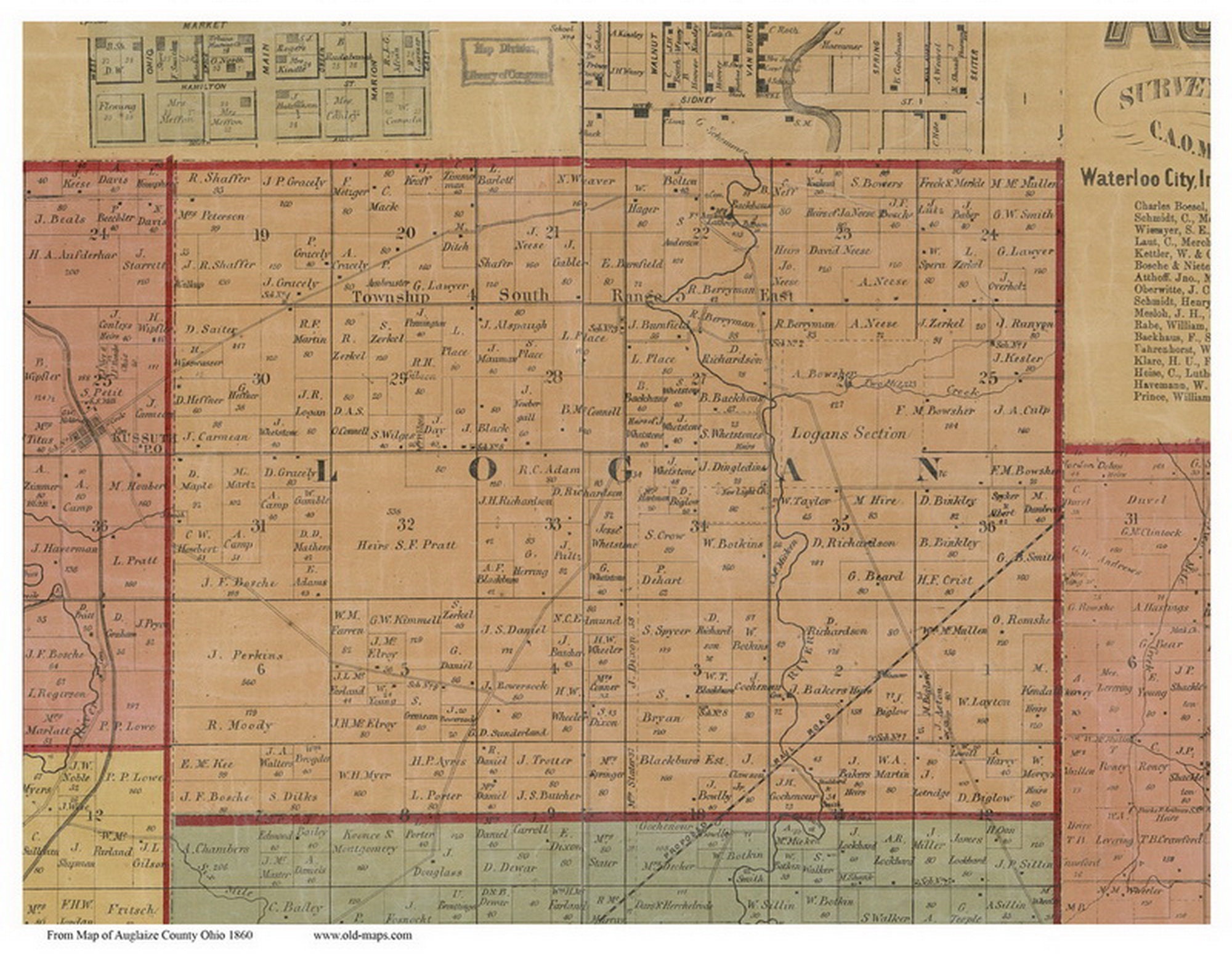 Logan 1860 Old Town Map With Homeowner Names Ohio Reprint Genealogy Auglaize County OH TM Etsy