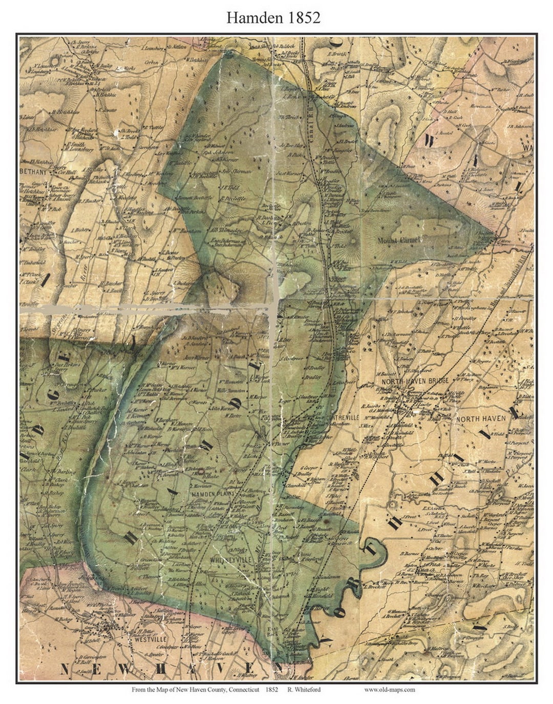 Hamden 1852 Old Town Map With Homeowner Names Connecticut - Etsy