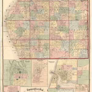 Oceana County Michigan  1876 - Old Wall Map Reprint with Homeowner Names Farm Lines Genealogy