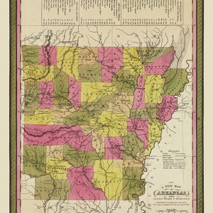 Arkansas  1847 - State Map Canals Roads Distances- Old Map Reprint