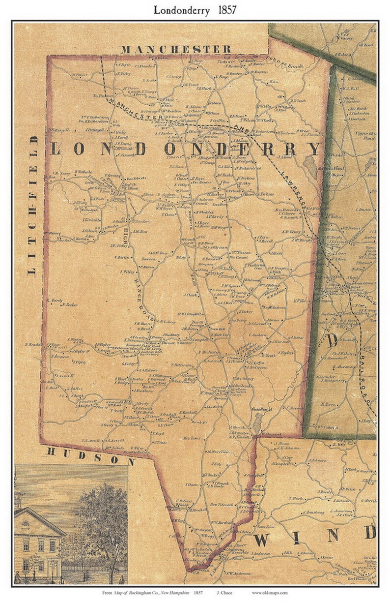 Londonderry 1857 Old Town Map with Homeowner Names New Hampshire Reprint Rockingham Co. NH TM image 1