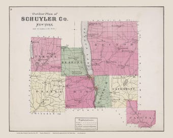 Schuyler County 1874 Map Homeowner names  Reprint Schuyler Co Beers Atlas New York