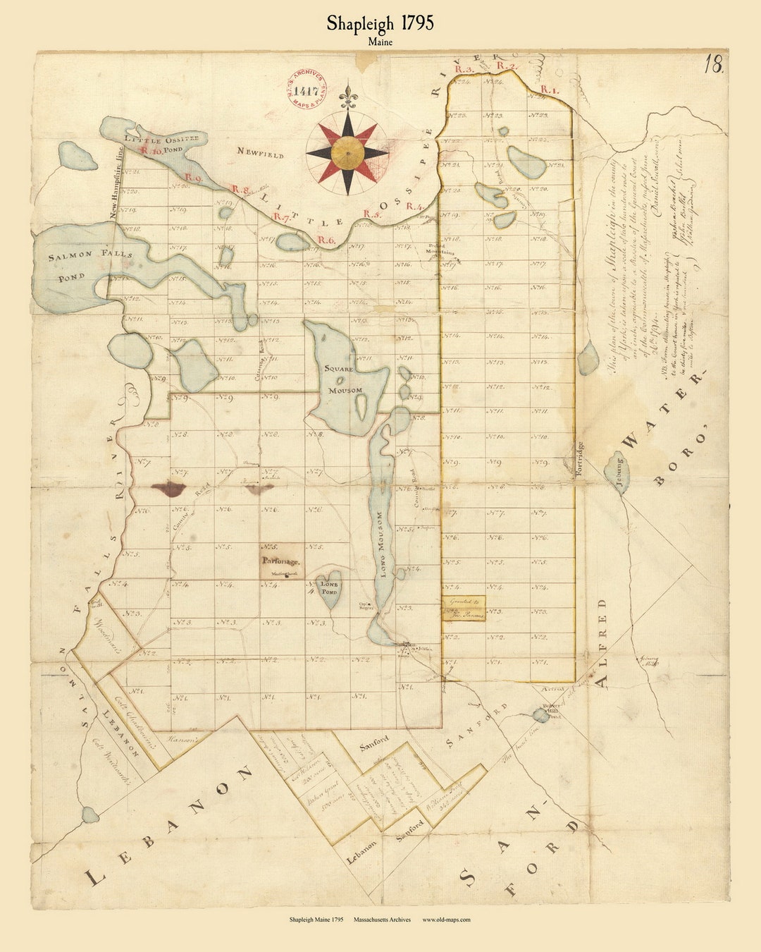 Shapleigh Maine 1795 Town Plan Old Roads Reprint Massachusetts Archives