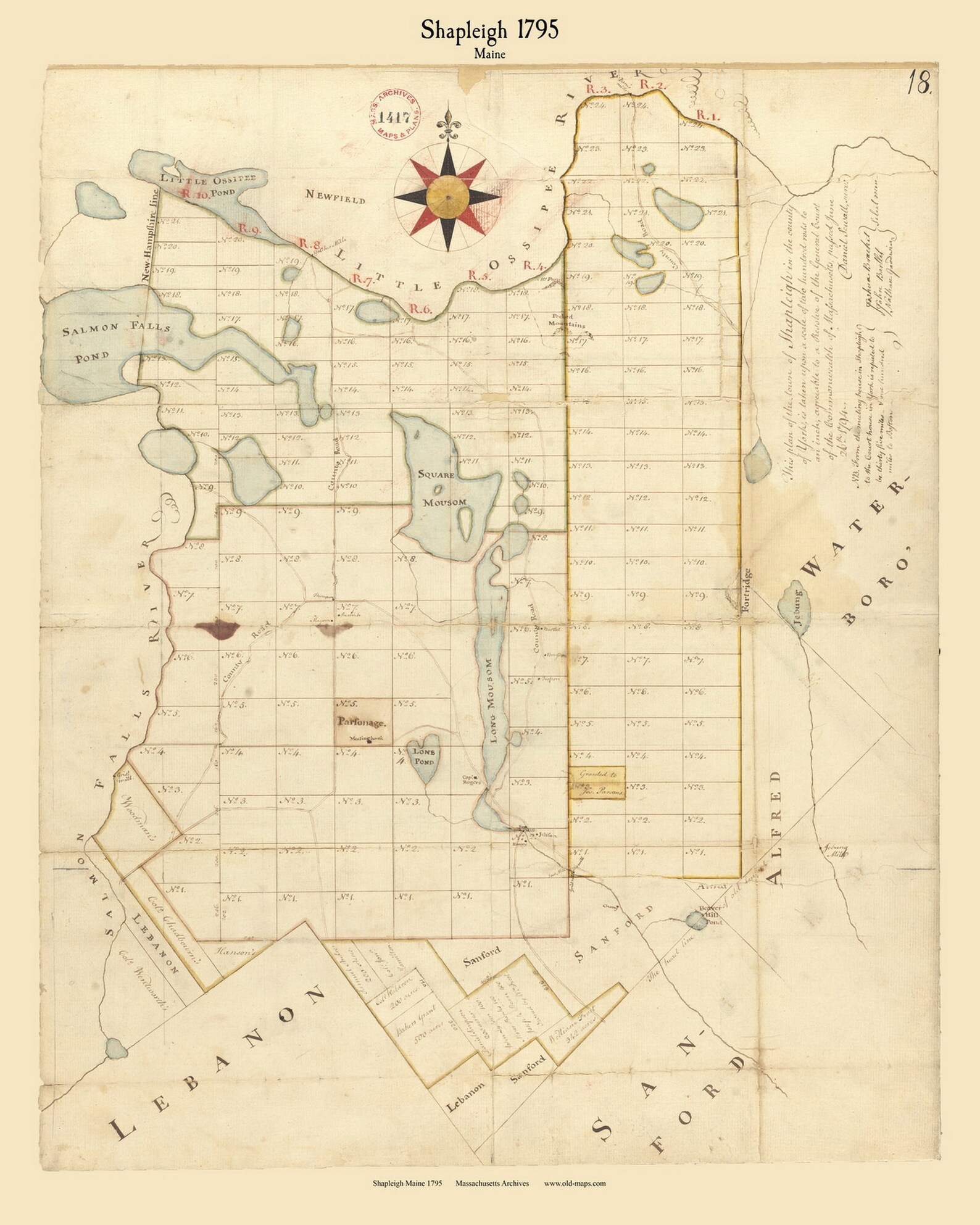 Shapleigh Maine 1795 Town Plan Old Roads Reprint Massachusetts Archives
