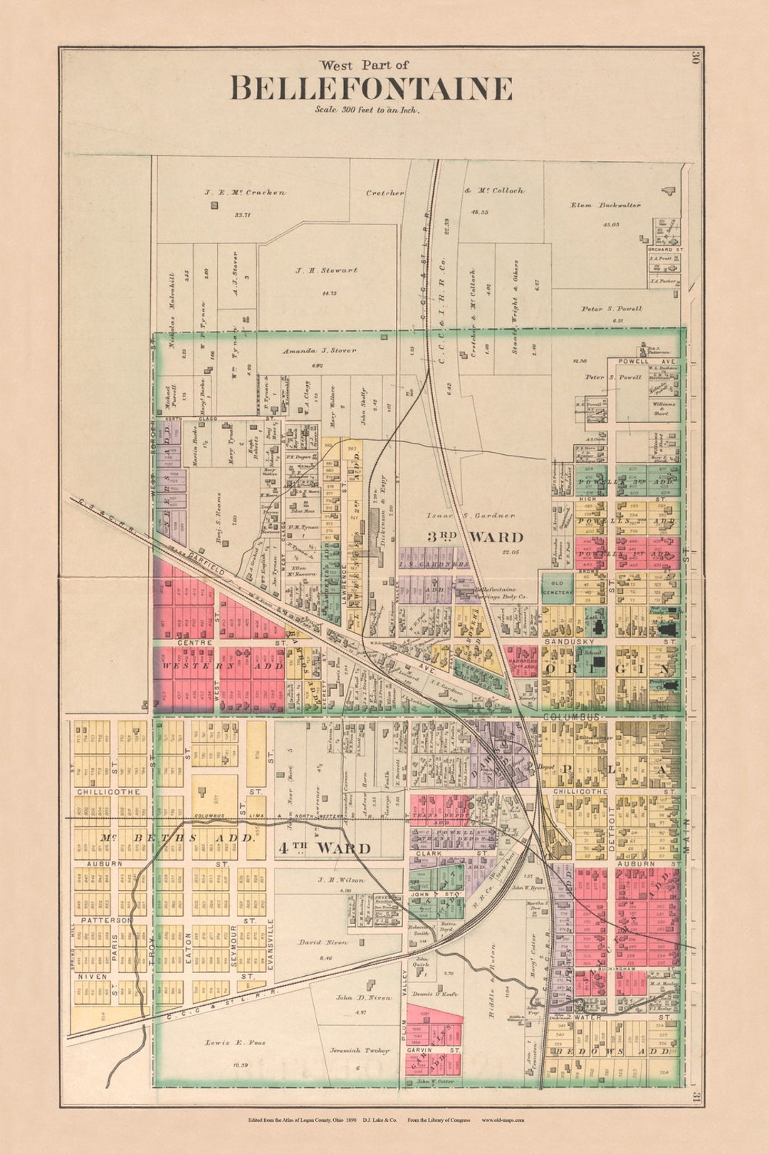 West Bellefontaine 1890 Old Town Map Reprint Logan County, Ohio Homeowner Names, Genealogy OH