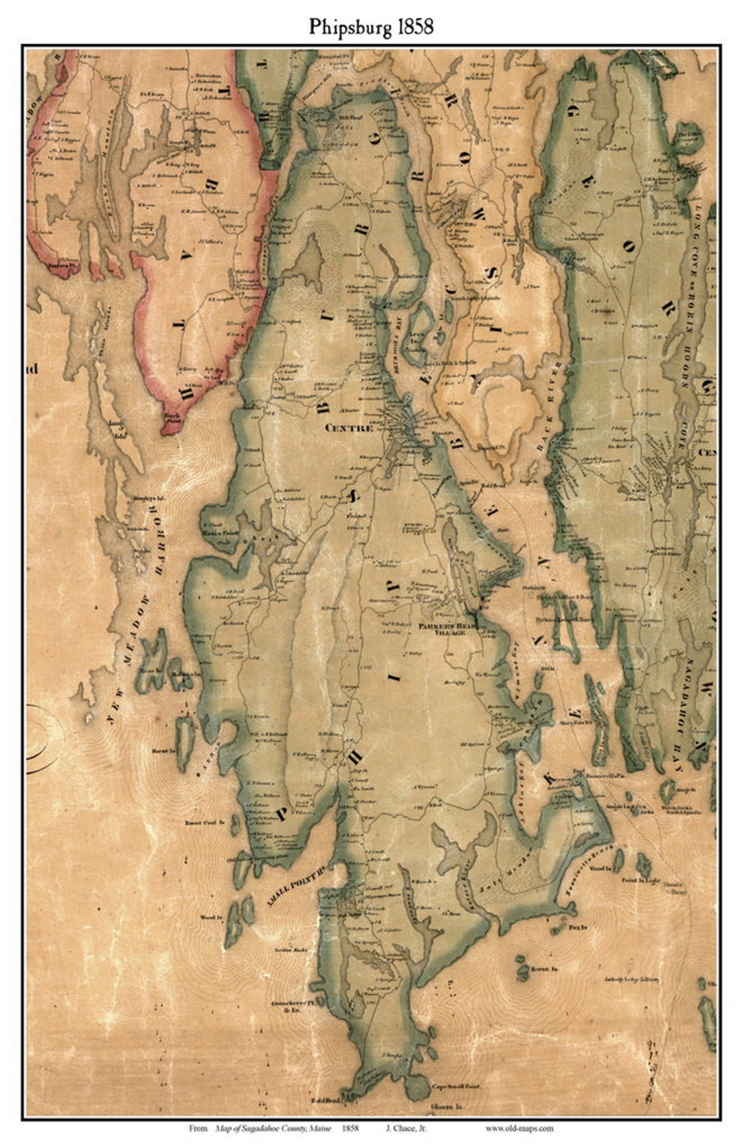 Phippsburg 1858 Old Town Map With Homeowner Names Maine Small Point Phipsburg New Meadow Harbor