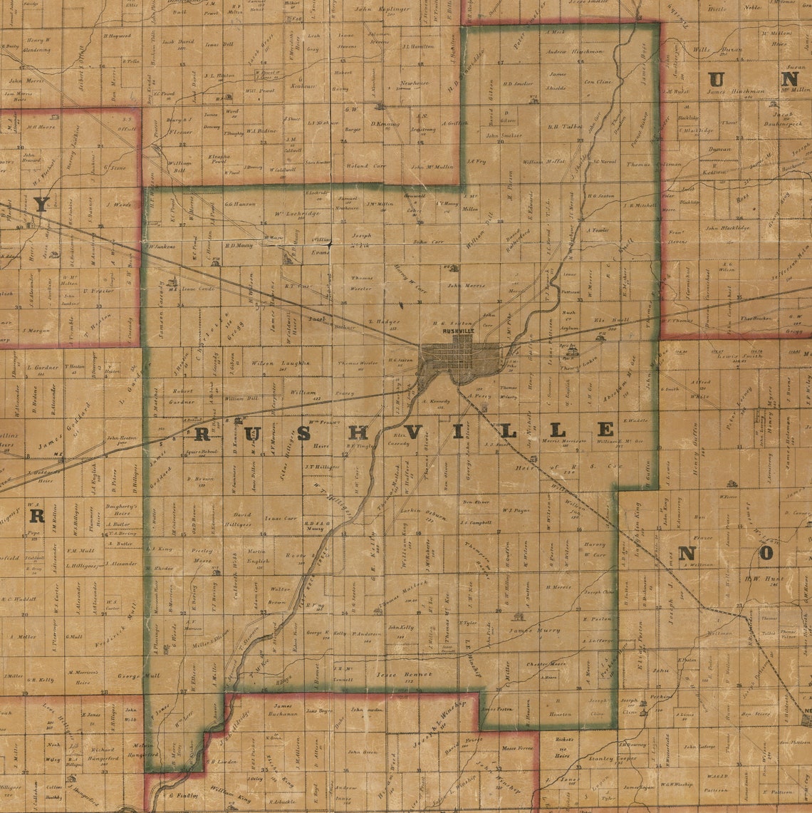 Rush County Indiana 1856 Old Wall Map Reprint With Landowner Etsy