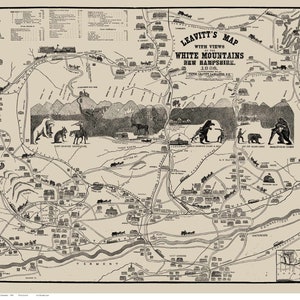 May include: A black and white map of the White Mountains in New Hampshire, with views of the mountains and surrounding areas. The map is titled "Leavitt's Map with Views of the White Mountains, New Hampshire, 1888."