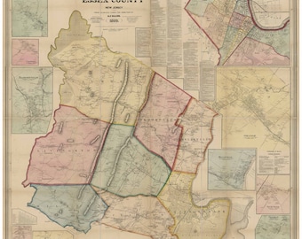 May include: An antique map of Essex County, New Jersey, showing the different townships and towns. The map is dated 1858 and features a detailed layout of roads, rivers, and other geographical features. The map is printed in black, brown, green, and red ink on a cream-colored background.