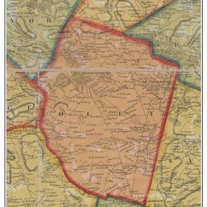 May include: An antique map of Oley Township, Berks County, Pennsylvania from 1860. The map is divided into sections with different colors and shows the names of towns and roads. The map is titled "Oley 1860" and includes the text "From the Map of Berks County, Pennsylvania 1860" and "HF. Bridgens".
