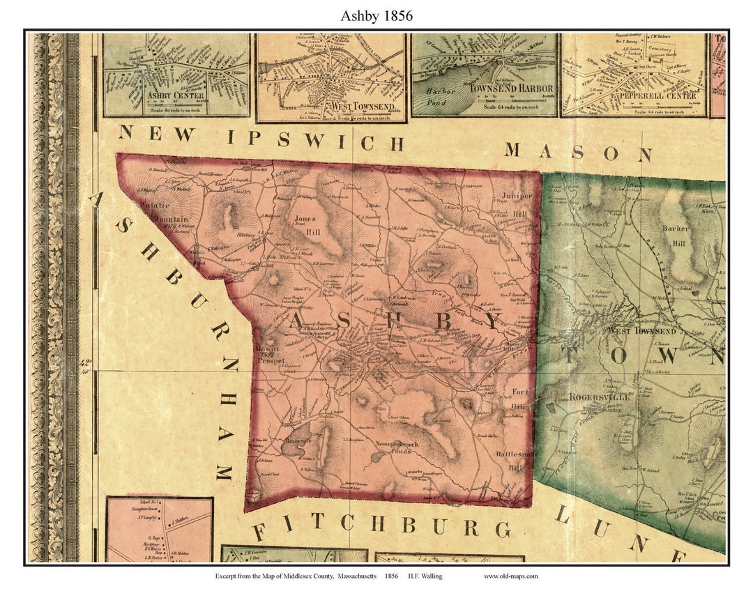 Ashby 1856 Old Town Map With Homeowner Names Massachusetts Watatic