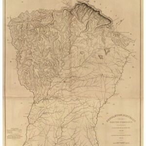 May include: A vintage map of Pendleton District, South Carolina, surveyed by Michelin in 1820. The map is printed in brown ink on a cream-colored paper and includes details of rivers, roads, and towns.